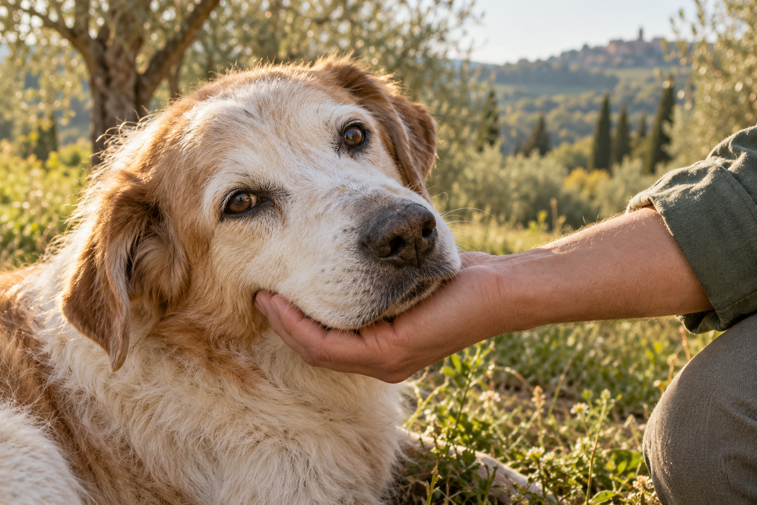Un cane anziano si affida alla mano di un volontario, immagine illustrativa