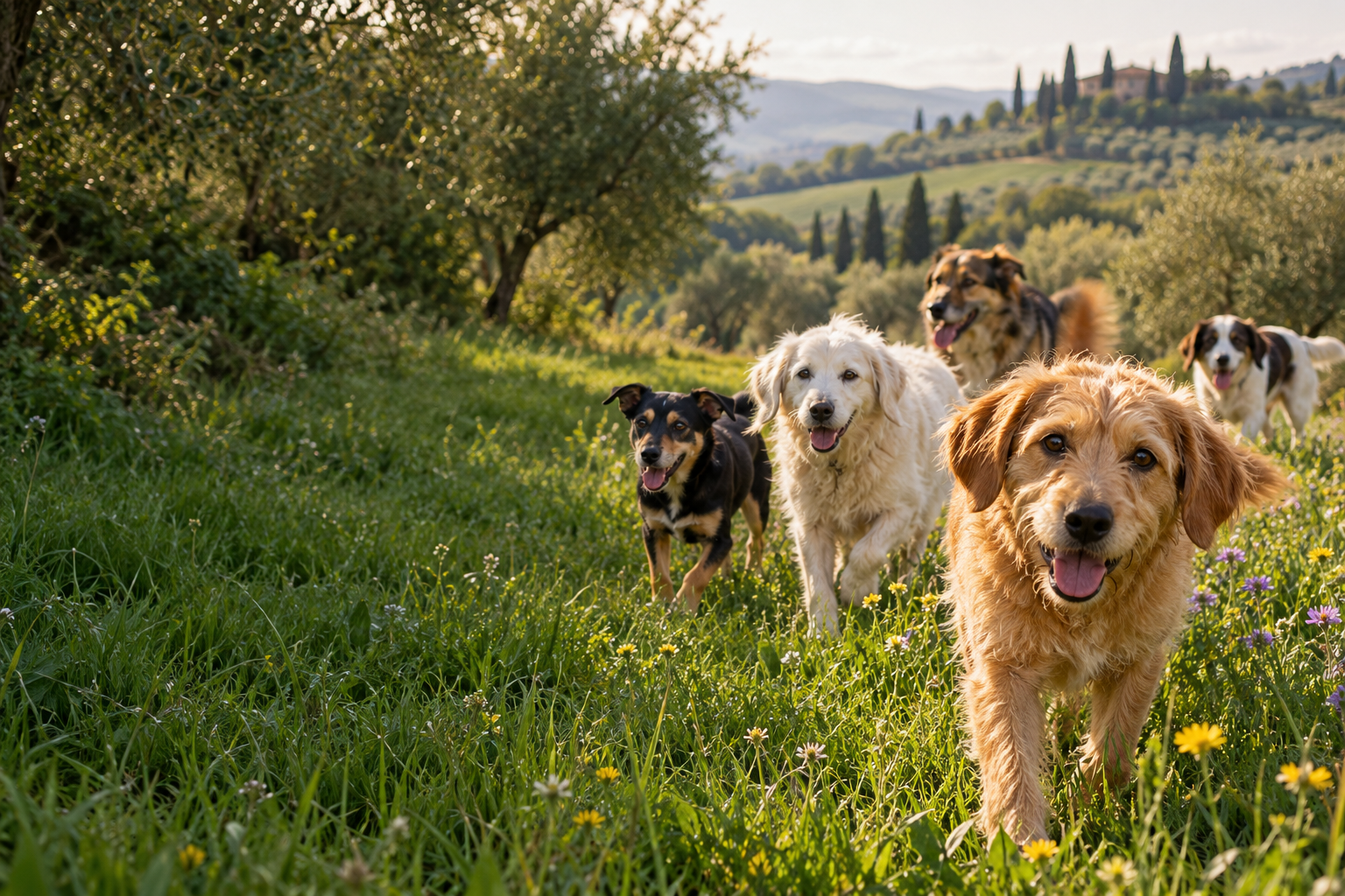 Cani di taglie diverse liberi in un prato verde, immagine illustrativa del progetto